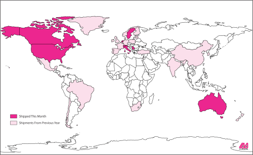 Map showing where SimulCharge products shipped in January 2023.